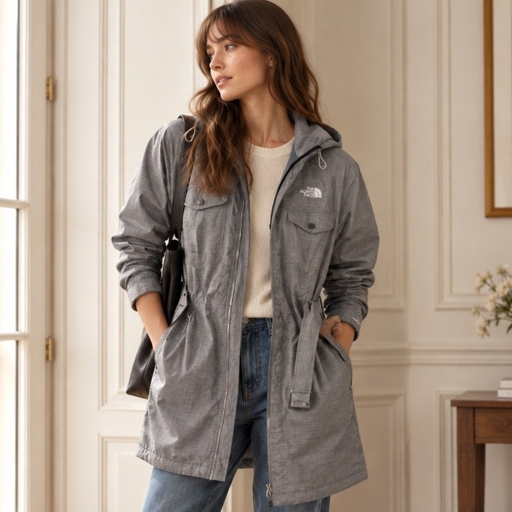 The North Face Grey Plaid HyVent Belted Trench Rain Coat Jacket Hooded Large